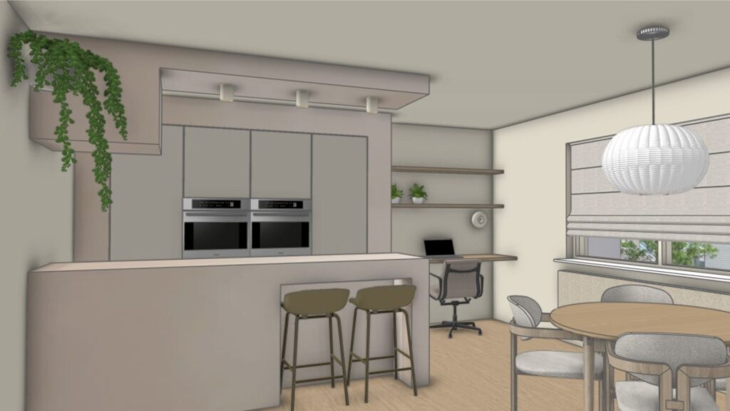 3D-visualisatie van een open keuken met bar, eethoek en geïntegreerde thuiswerkplek, uitgewerkt door Floow Visuals