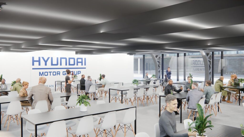 3D-visualisatie van de lunchroom in HMETC Square met eettafels, zitplaatsen, beplanting en Hyundai-branding voor het openingsevent