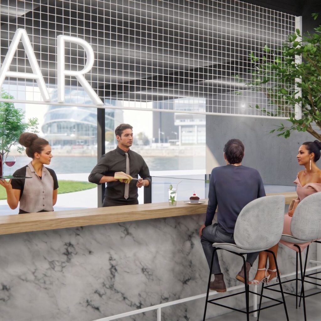 3D-visualisatie van een modern barinterieur met marmeren bar, hoge barkrukken, groene planten en sfeervolle verlichting.