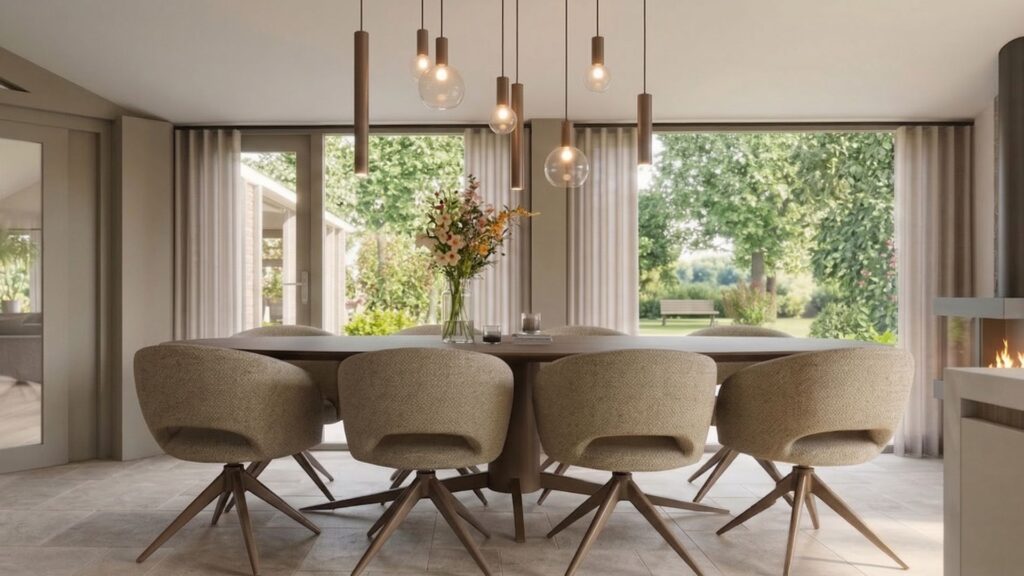 Realistische 3D-visualisatie van een modern landelijke eetkamer met ronde eettafel, eetkamerstoelen en warme verlichting in een villa in Hoogeveen