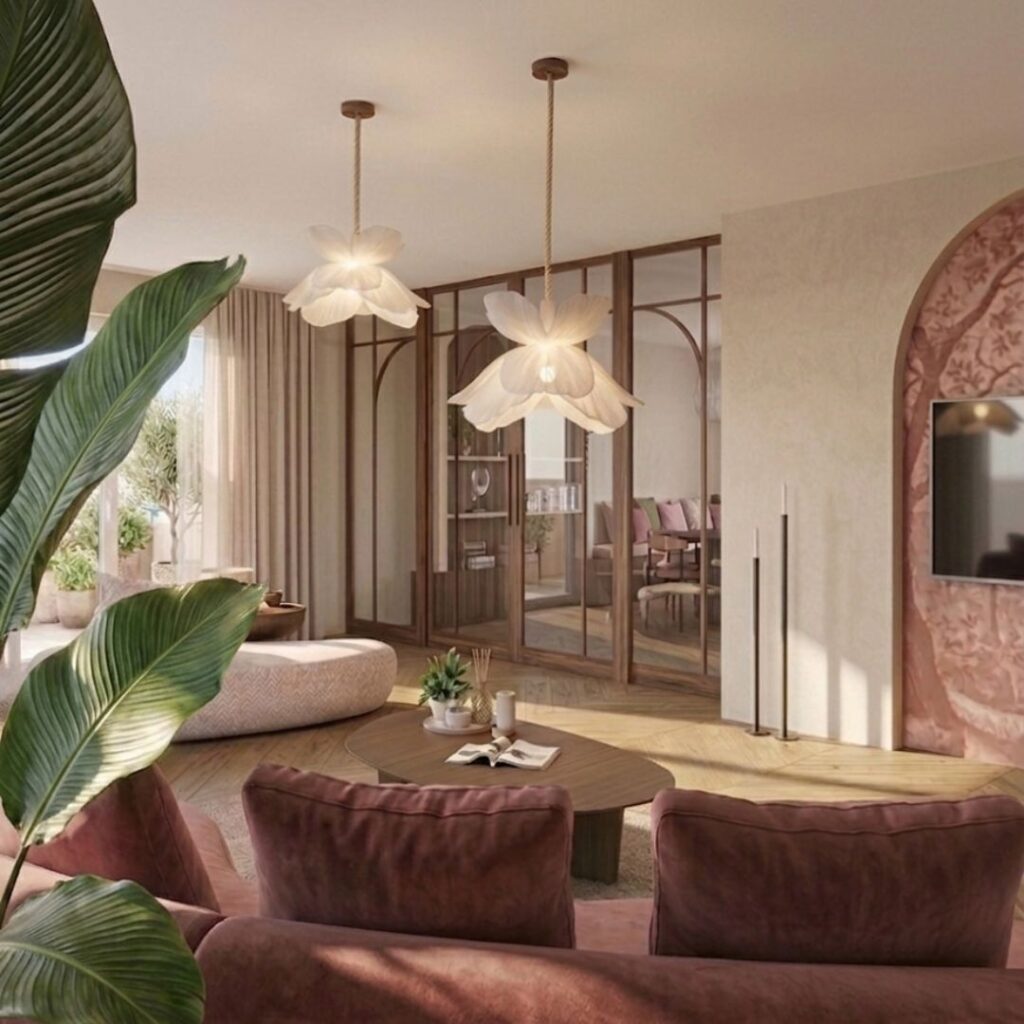 Realistische 3D-visualisatie van een luxe woonkamer met roze fauteuils, ronde salontafel, organische verlichting, stalen taatsdeuren en warme natuurlijke materialen door Floow Visuals.