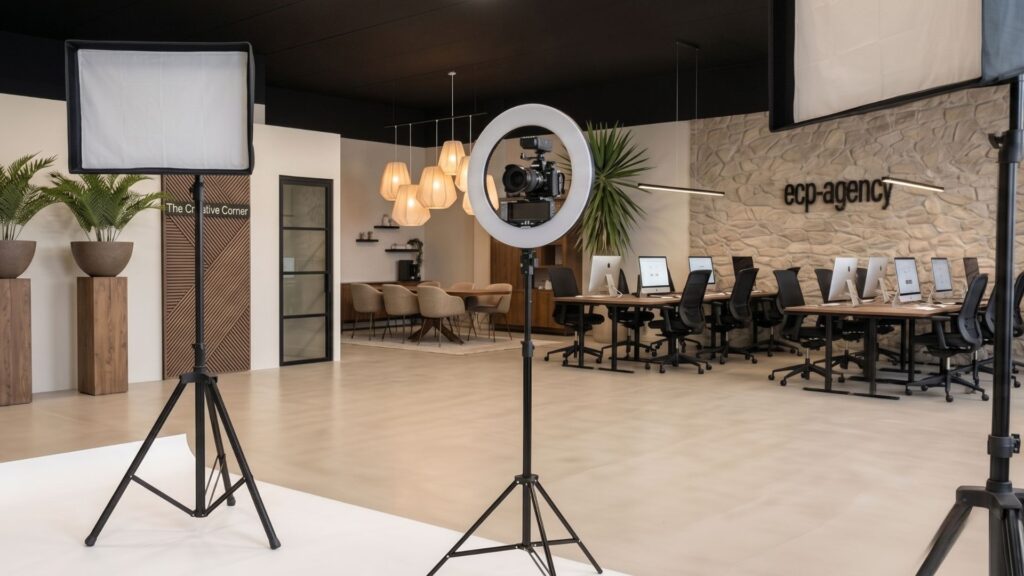 Realistische 3D-visualisatie van een professionele fotografie- en videostudio met camera, ringlamp, softboxen en zicht op de werkruimte van een contentstudio in Den Haag.