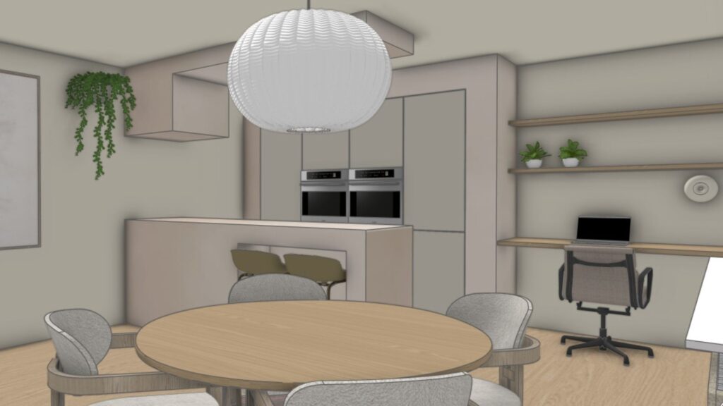 3D-visualisatie van een lichte eethoek met ronde eettafel, open keuken en maatwerk thuiswerkplek door Floow Visuals