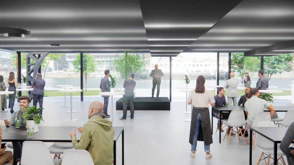 3D-visualisatie van de lunchroom in HMETC Square met podium, statafels en zitplaatsen voor het Hyundai openingsevent