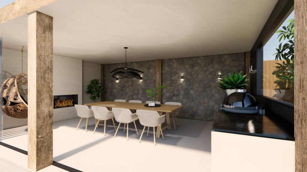 Moderne overdekte buitenkeuken met grote eettafel, lichte stoelen, zwarte keuken en natuurlijke houten details