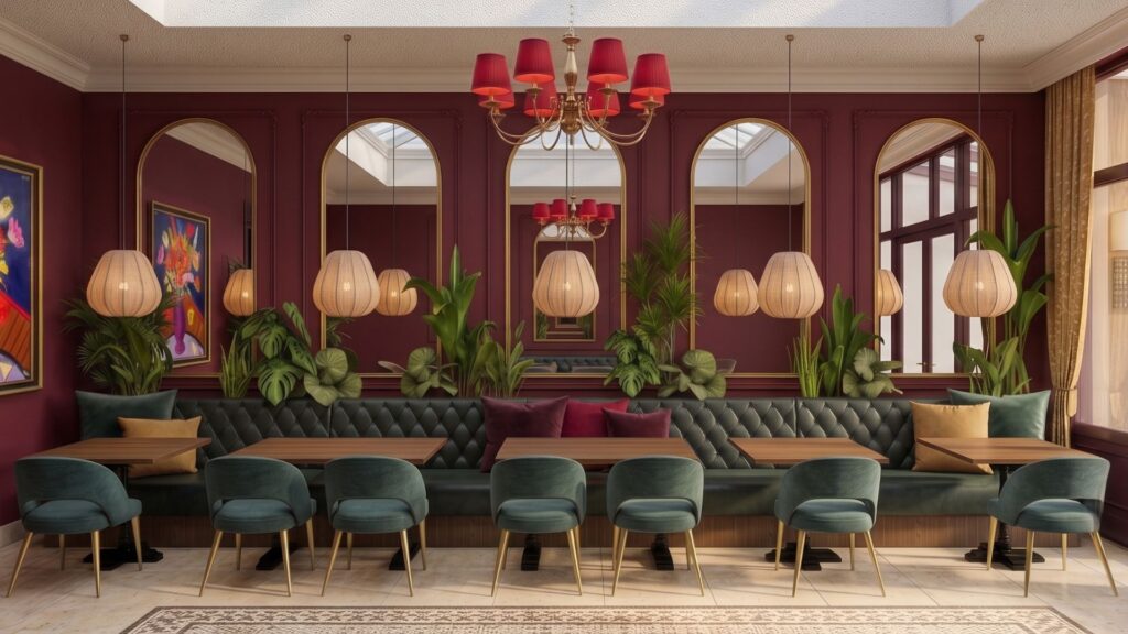 Kleurrijk interieurontwerp voor de serre van Hotel Huis Vermeer in Deventer met groene stoelen, bordeauxrode wanden, boogspiegels en opvallende verlichting
