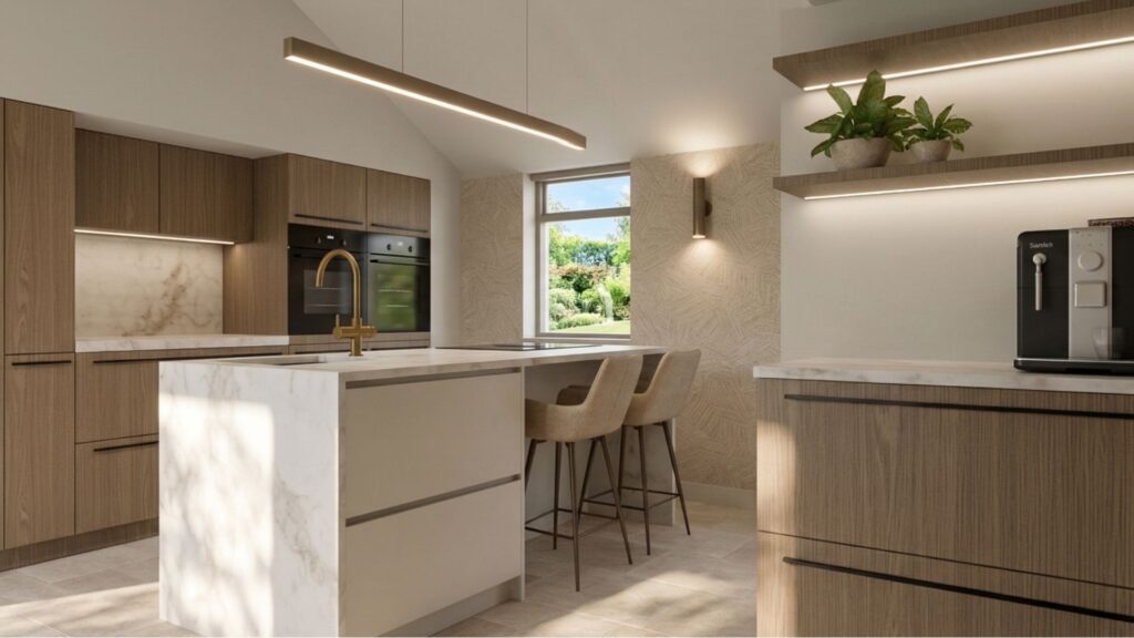Realistische 3D-visualisatie van een modern landelijke keuken met kookeiland, barstoelen, warme houttinten en marmerlook in een villa in Hoogeveen.
