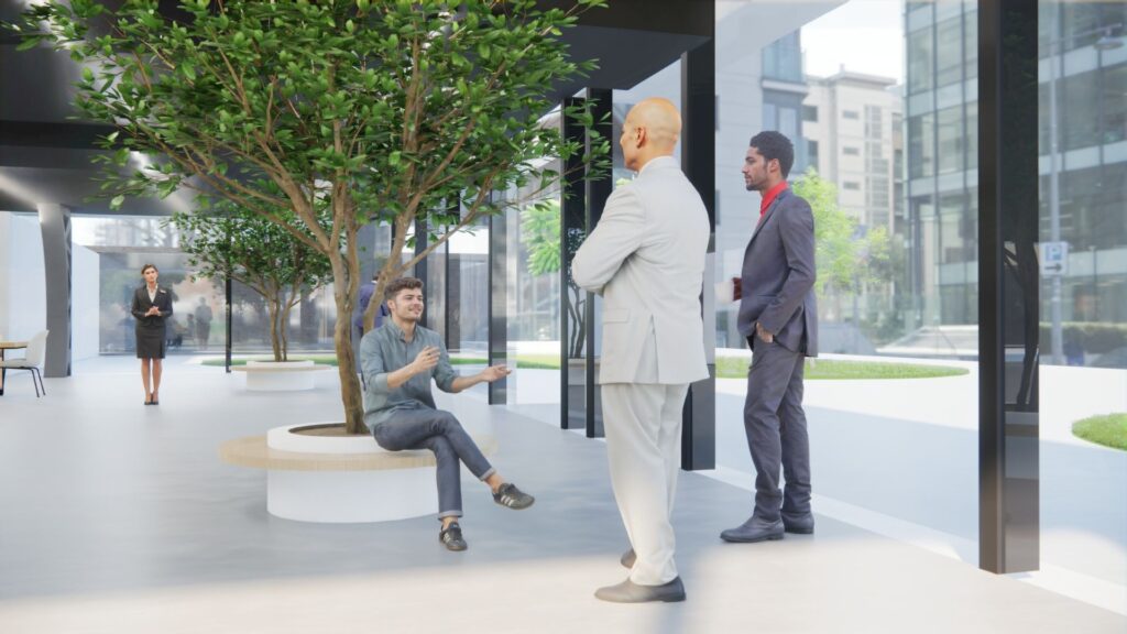 3D-visualisatie van een lichte ontmoetingsruimte in HMETC Square met grote bomen, ronde zitbanken en gasten tijdens het Hyundai openingsevent
