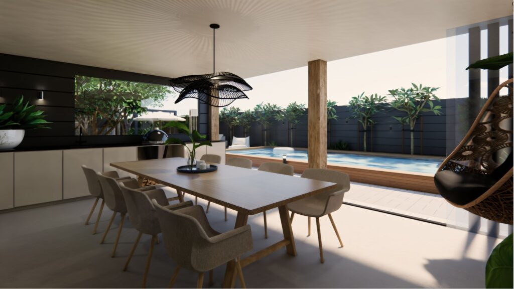 Overdekte buitenkeuken met grote eettafel, lichte stoelen, hangstoel en uitzicht op de moderne tuin