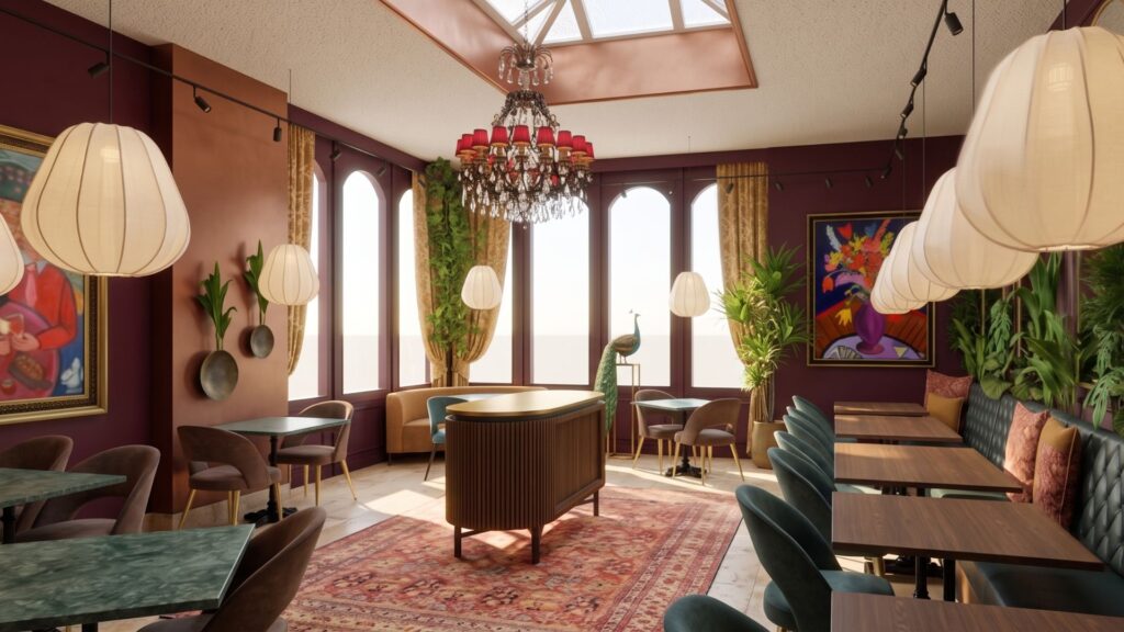 Luxe serre-interieur van Hotel Huis Vermeer in Deventer met bordeauxrode wanden, groene zitbanken, ronde fauteuils en warme verlichting