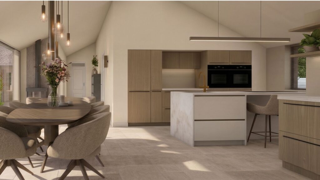 Realistische 3D-visualisatie van een open keuken en eetkamer in modern landelijke stijl met kookeiland, warme houttinten en maatwerk in een villa in Hoogeveen.