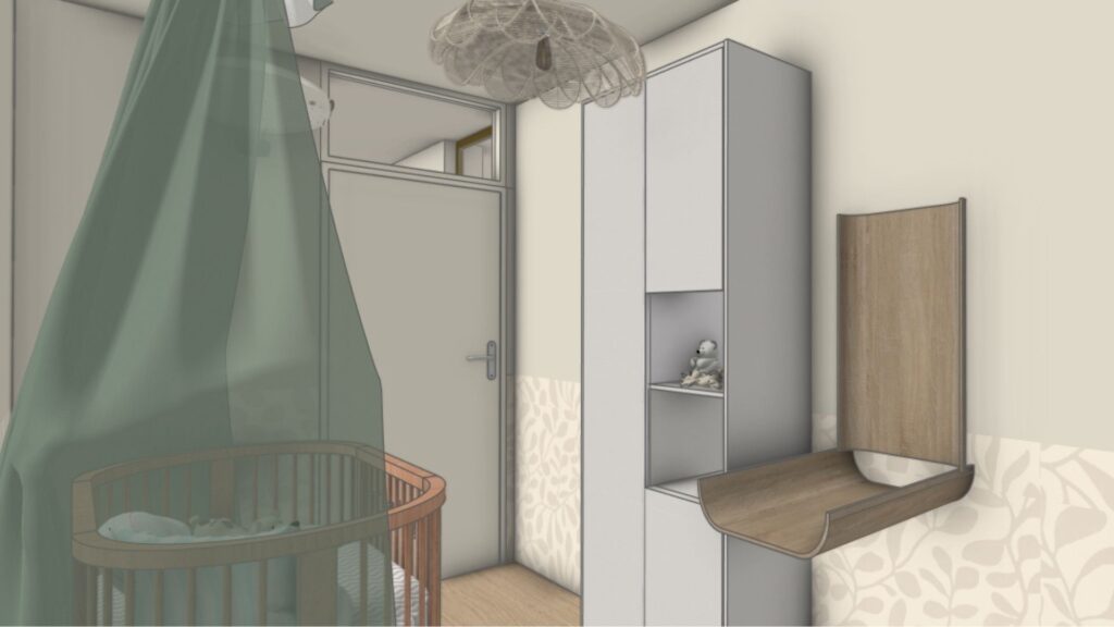 3D-visualisatie van een sfeervolle babykamer met hemeltje, houten ledikant en maatwerk commode door Floow Visuals