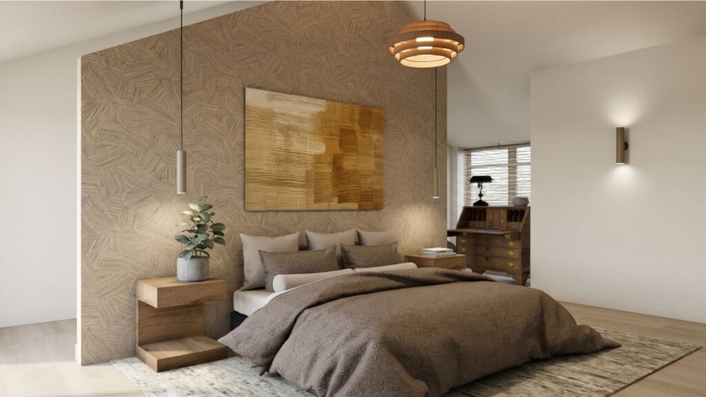 Realistische 3D-visualisatie van een warme modern landelijke slaapkamer met gestoffeerd bed, houten wandbekleding en sfeervolle verlichting in een villa in Hoogeveen.