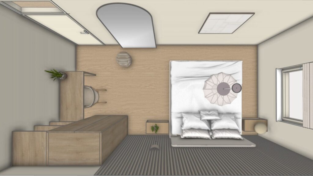 3D-visualisatie van een slaapkamer met maatwerk kastenwand, bureau, tweepersoonsbed en houten details door Floow Visuals