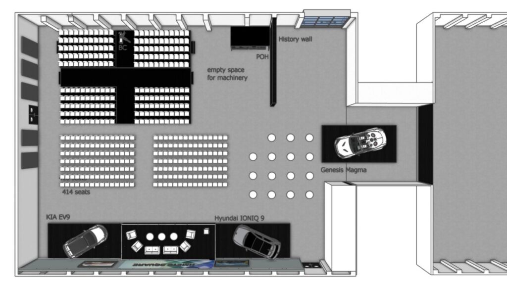 floorplanner De complete indeling van de townhall met podium, stoelenopstelling en verschillende autopresentaties overzichtelijk weergegeven in 3D.