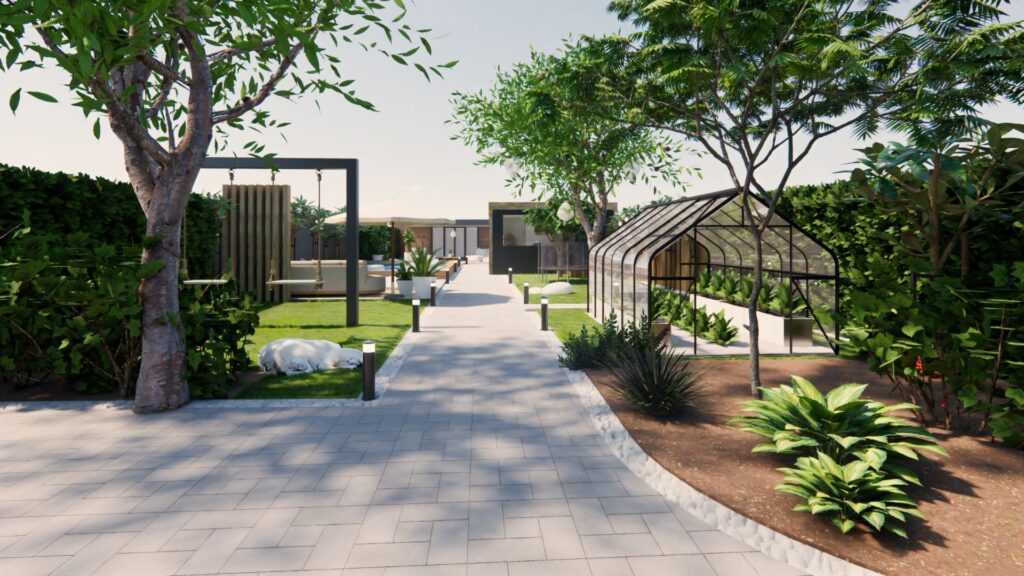 Breed tuinpad door een moderne tuin met kas, bomen, groene borders en zwembad op de achtergrond