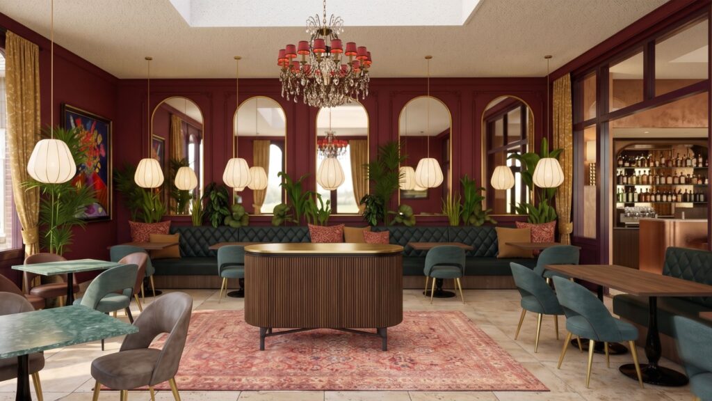 Interieurontwerp van de serre van Hotel Huis Vermeer in Deventer met groene zitbanken, ronde centrale tafel, bordeauxrode wanden en opvallende verlichting