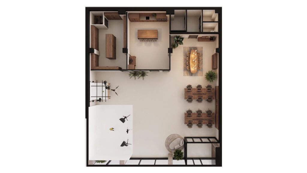 3D-plattegrond van een professionele contentstudio in Den Haag met fotostudio, videokeuken, werkplekken, vergaderruimte en loungezone.