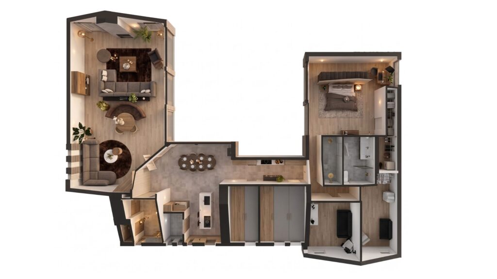 3D-plattegrond interieurontwerp villa Hoogeveen bovenaanzicht