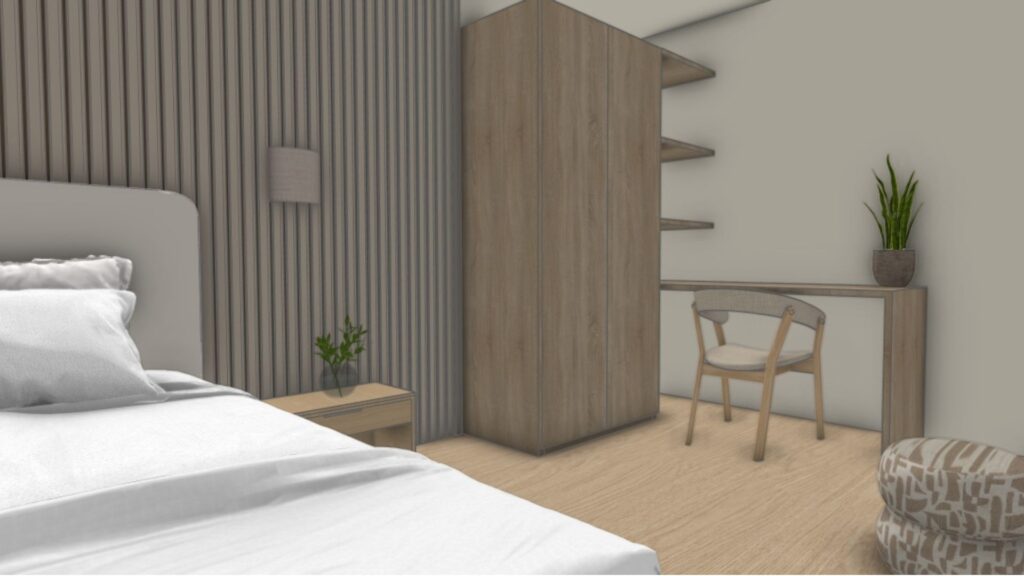 3D-visualisatie van een sfeervolle slaapkamer met houten maatwerk kastenwand, bureau en natuurlijke materialen door Floow Visuals
