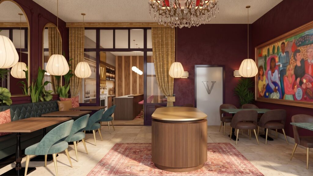 Kleurrijk interieurontwerp voor Hotel Huis Vermeer in Deventer met groene zitbank, ronde tafel, bordeauxrode wanden en kunst aan de muur