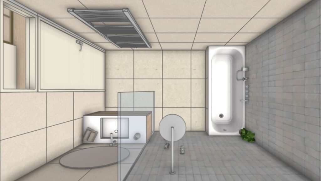 3D-visualisatie van een moderne badkamer met vrijstaand ligbad, inloopdouche, wastafelmeubel en grijze tegels door Floow Visuals