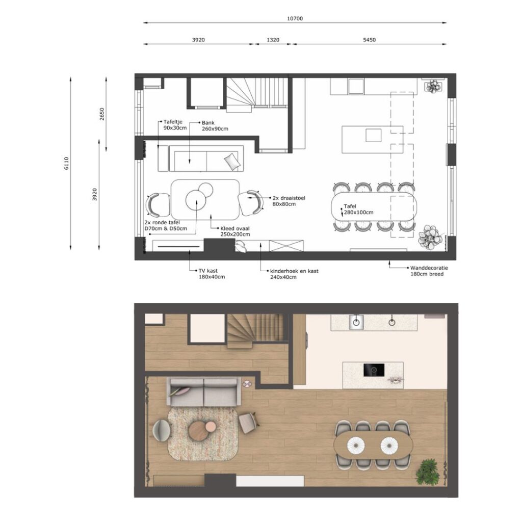 2D en 3D plattegrond van een interieurontwerp met woonkamer, eethoek en open keuken, inclusief maatvoering en meubelindeling door Floow Visuals.