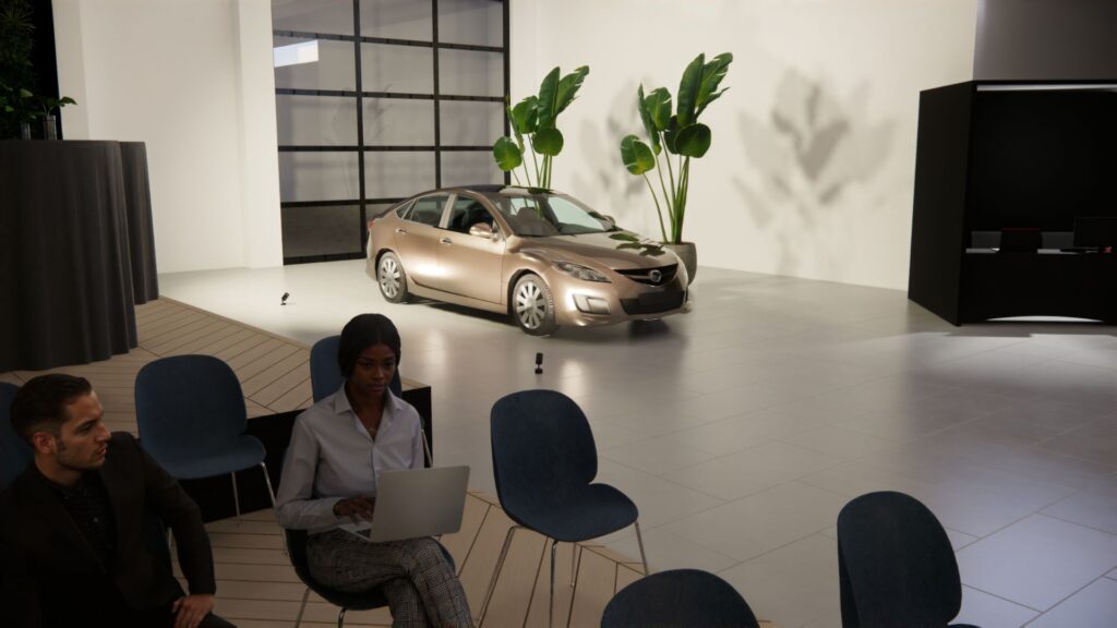 3D-visualisatie van de lunchroom in HMETC Square met presentatieauto, zitplaatsen en groen voor het Hyundai openingsevent