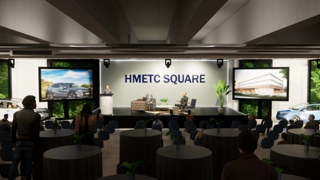 3D-visualisatie van HMLTC Square voor een Hyundai openingsevent met podium, presentatieschermen en zitplaatsen voor gasten