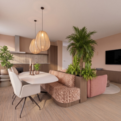 Realistische 3D-visualisatie van een warm interieurontwerp met eethoek, roze bank, houten vloer, grote kamerplanten en zachte neutrale kleuren door Floow Visuals.