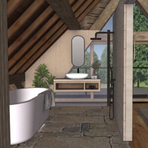 Realistische 3D-visualisatie van een luxe badkamer onder een schuin houten dak met vrijstaand bad, inloopdouche, houten wastafelmeubel en natuurstenen vloer door Floow Visuals.